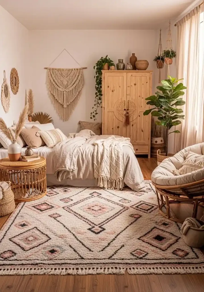 Pink patterned woven rug in a boho bedroom