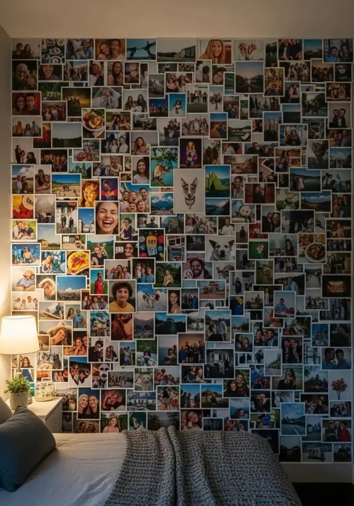 Collage style photo wall filling the bedroom with personal photos and memories.