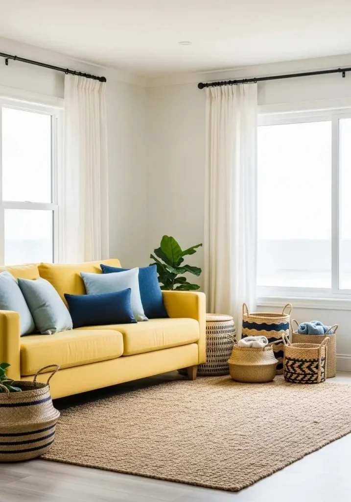 Coastal yellow couch living room.