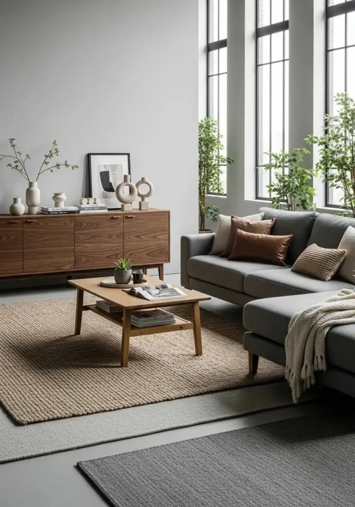 Mixing dark and light woods creates depth and visual interest in a gray and brown living room.