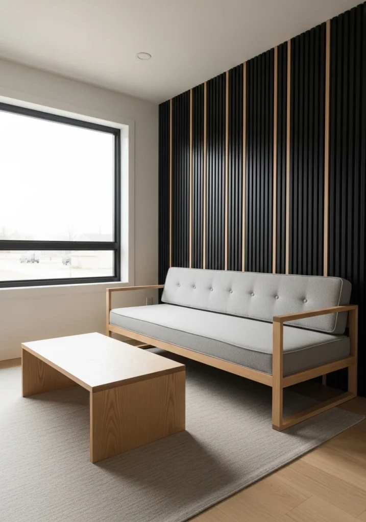 Vertical wood slats on black wall.