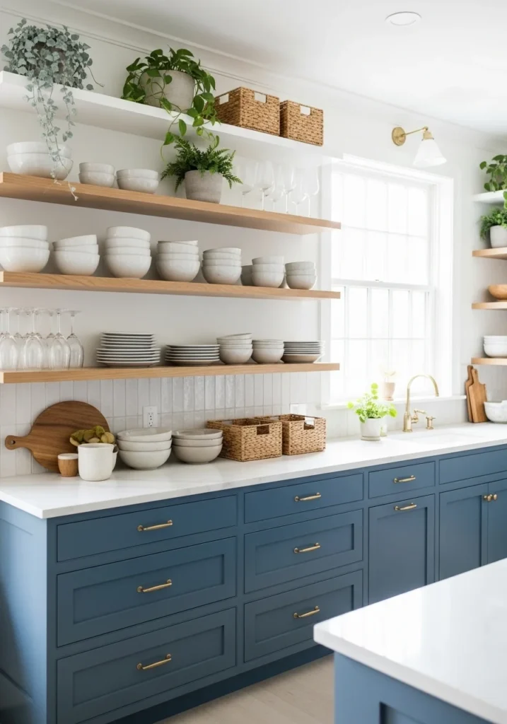 Blue cabinets paired with open shelving and neutral accessories for an airy kitchen.