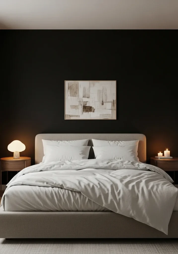 Matte black accent wall bedroom with soft neutral bedding and cozy lighting