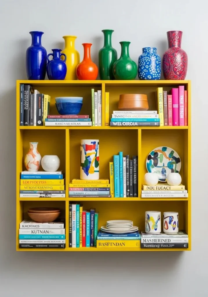 Colorful open shelves showcase vibrant decor and add playful detail to a dining room.
