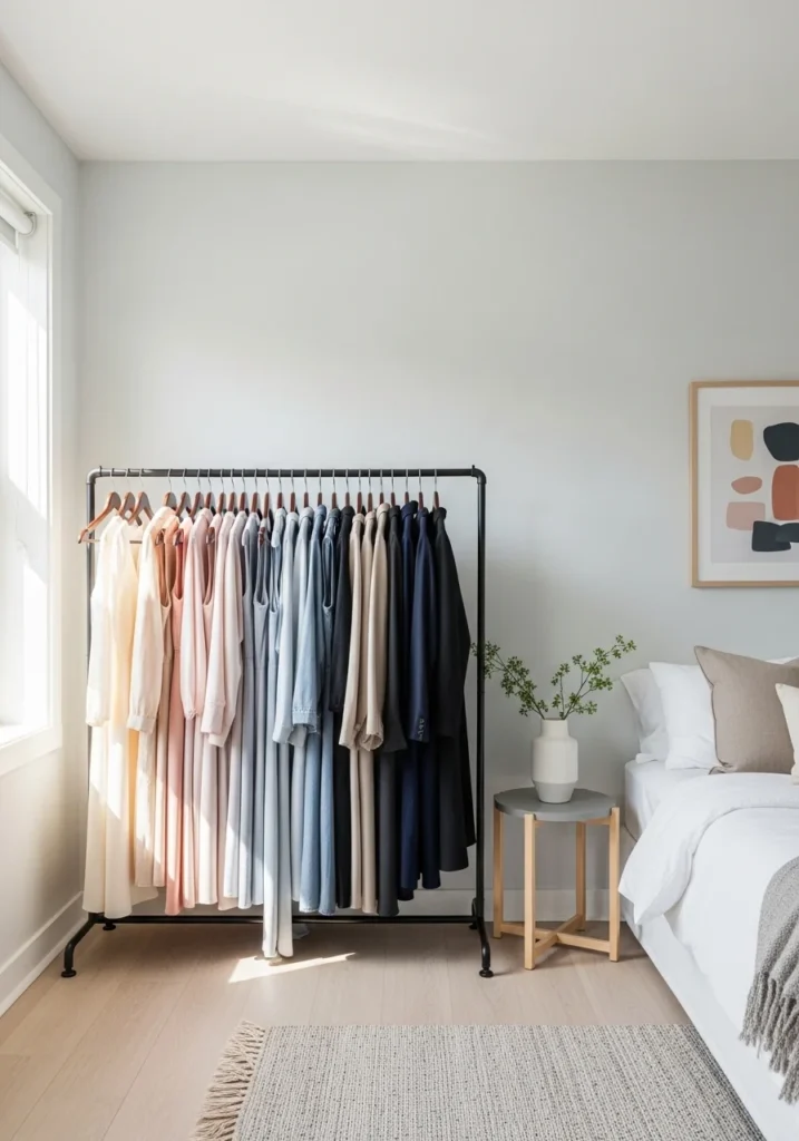 Stylish freestanding hanging rack for clothes in a small space