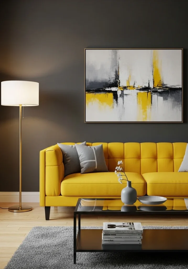 Yellow couch against charcoal grey wall, brass lamp, glass coffee table, modern grey accents.