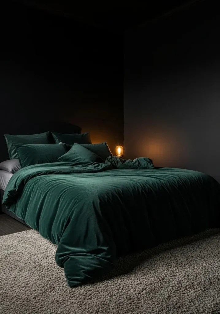 Bedroom with dark green accent wall, black bed frame, black nightstands, light bedding, minimalist modern decor.