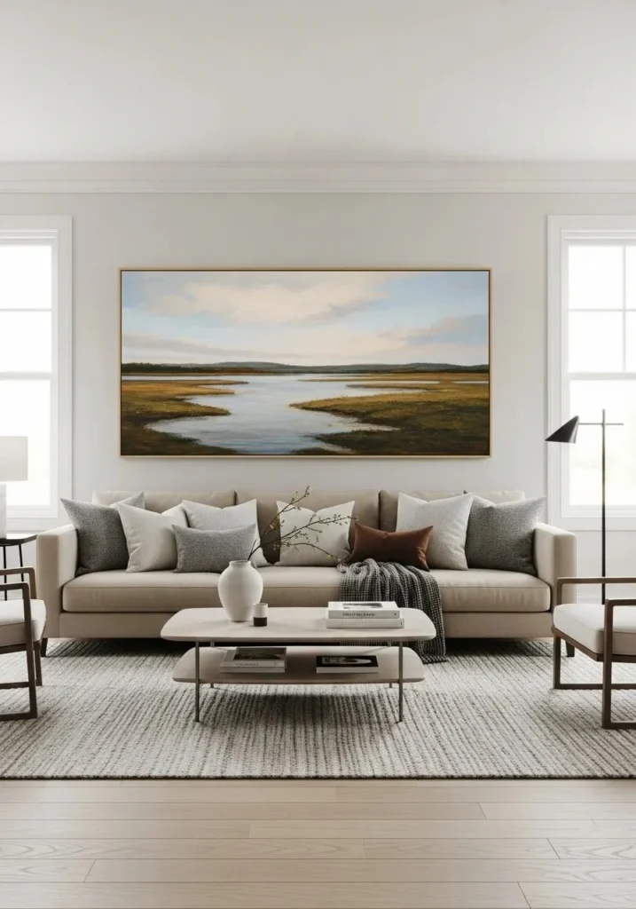 Beige couch with statement artwork above it, creating a stylish and visually engaging focal point.