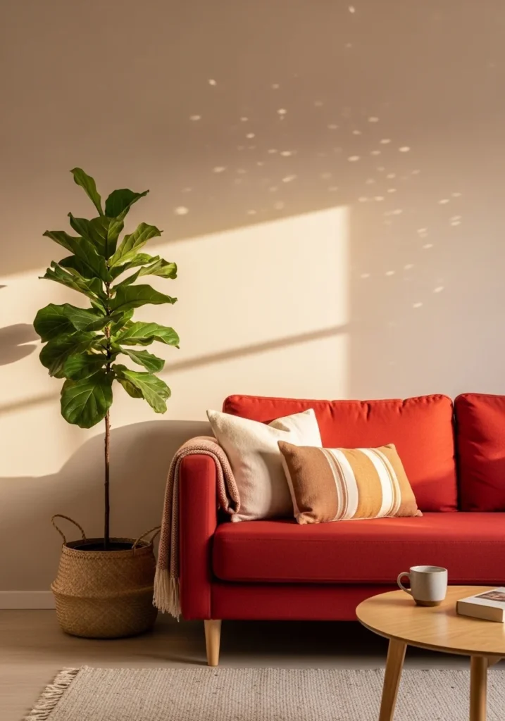 Red sofa with indoor plant.