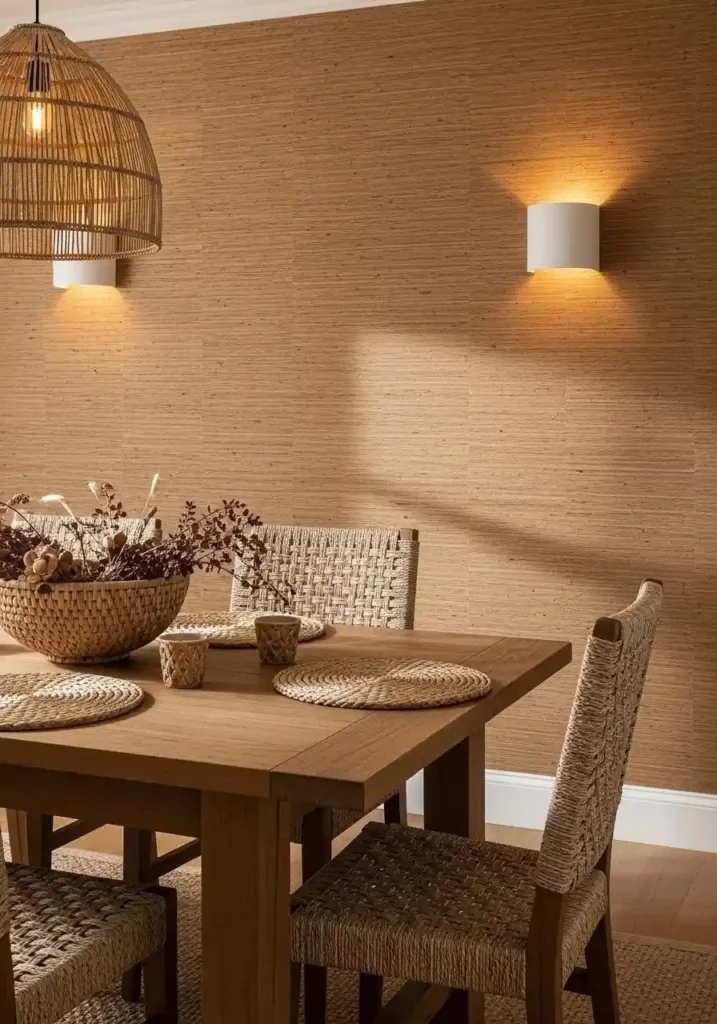 dining room with textured wallpaper