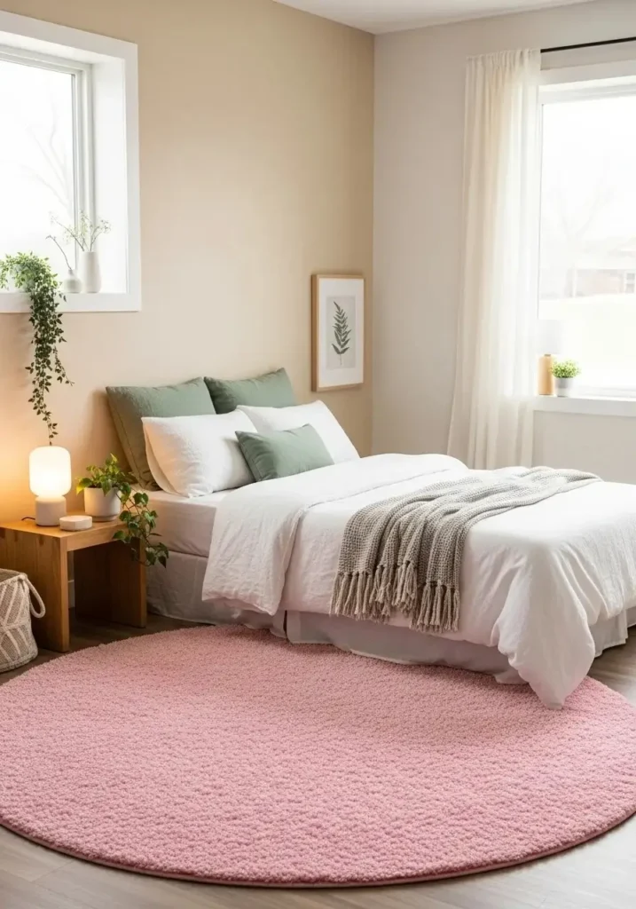 pink rug bedroom with green decor accents