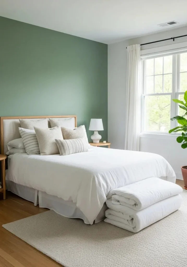 Bedroom with green wall and white bedding creating bright, fresh contrast and stylish atmosphere