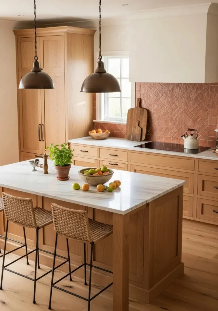 Hickory kitchen with warm earth-tone colors.