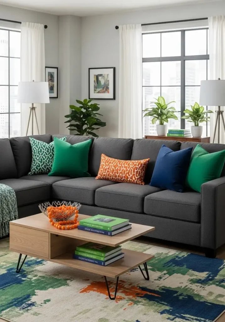 Charcoal couch styled with colorful decor accents in a modern living room.