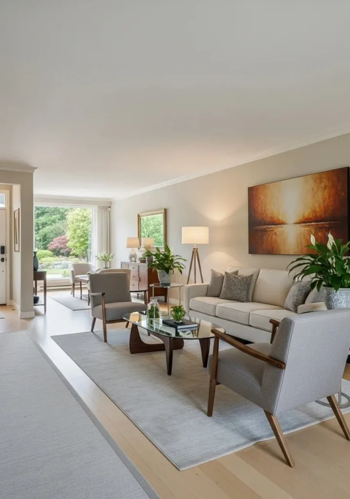 clear walkway path in long living room layout