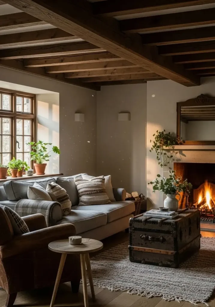 Exposed wooden beams in a rustic western living room with natural sunlight.