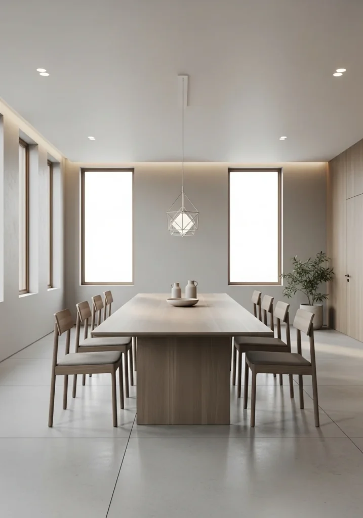 Modern dining table with simple clean lines in a minimalist space
