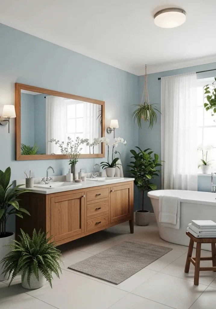Powder blue bathroom creating calm and relaxing atmosphere.