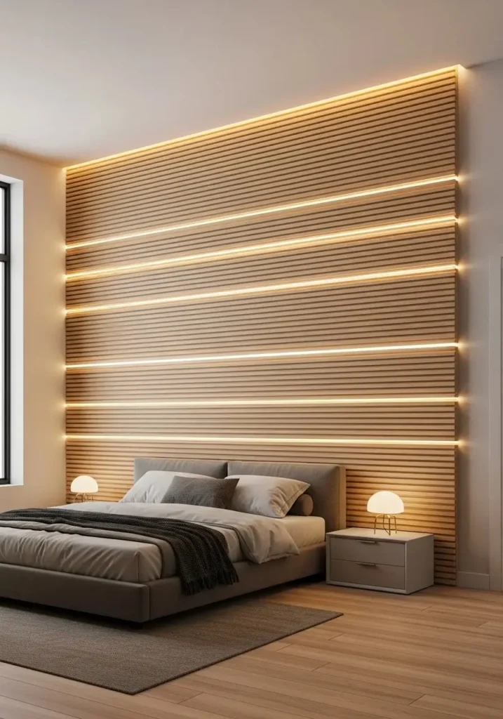 Floating wood panels with backlighting creating a modern accent wall in bedroom.