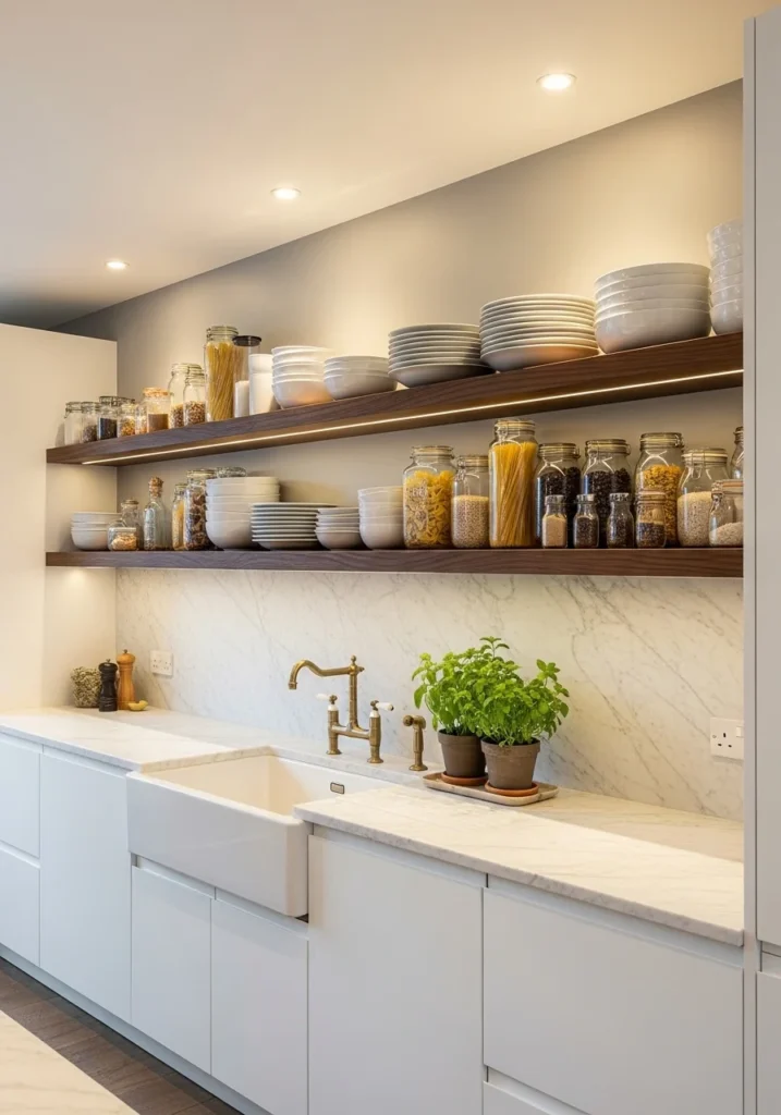 dark floating shelves kitchen contrast design