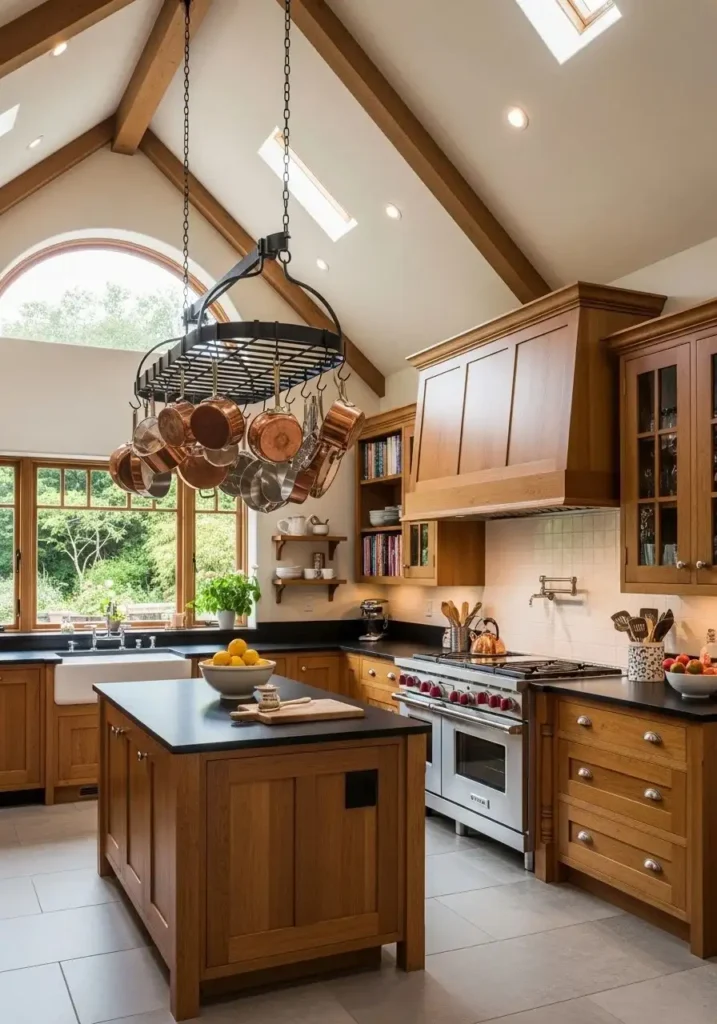vaulted ceiling kitchen with hanging pot rack