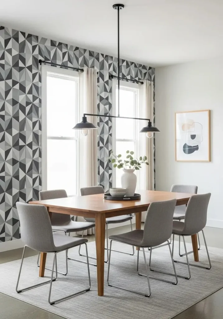 dining room with geometric patterned wallpaper