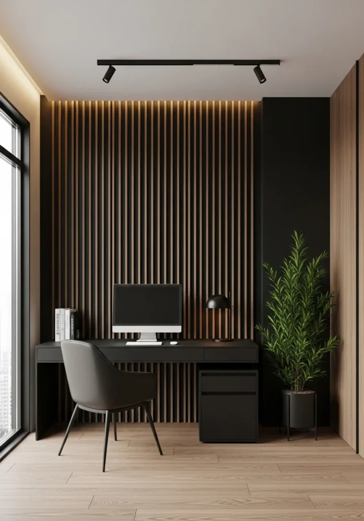 Black wall with wood slats behind desk.