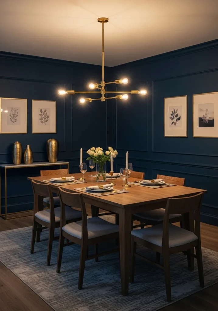 color drenched navy blue dining room