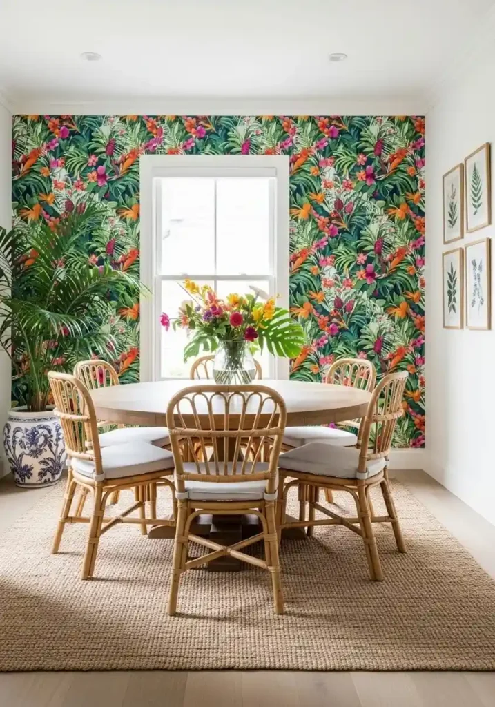 dining room with tropical wallpaper