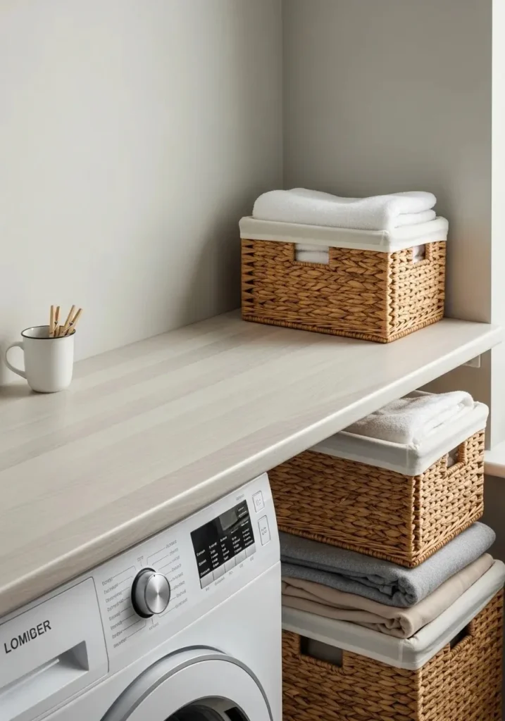 Compact folding station above washer in a mud room laundry room combo.