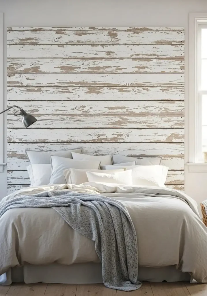 Coastal bedroom with whitewashed wood accent wall and airy decor