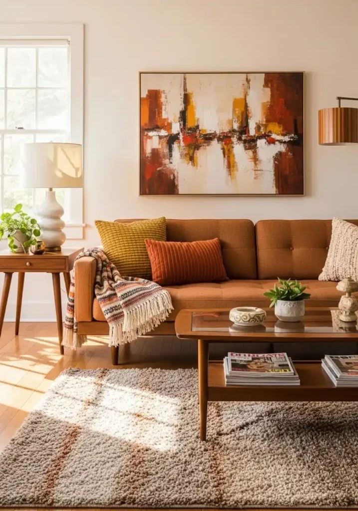 mid century modern sofa with textured pillows