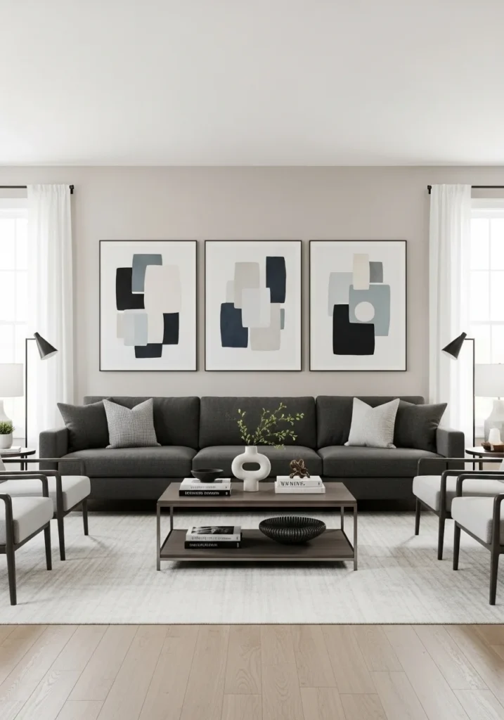 Charcoal couch with wall art creating a stylish and balanced living room.