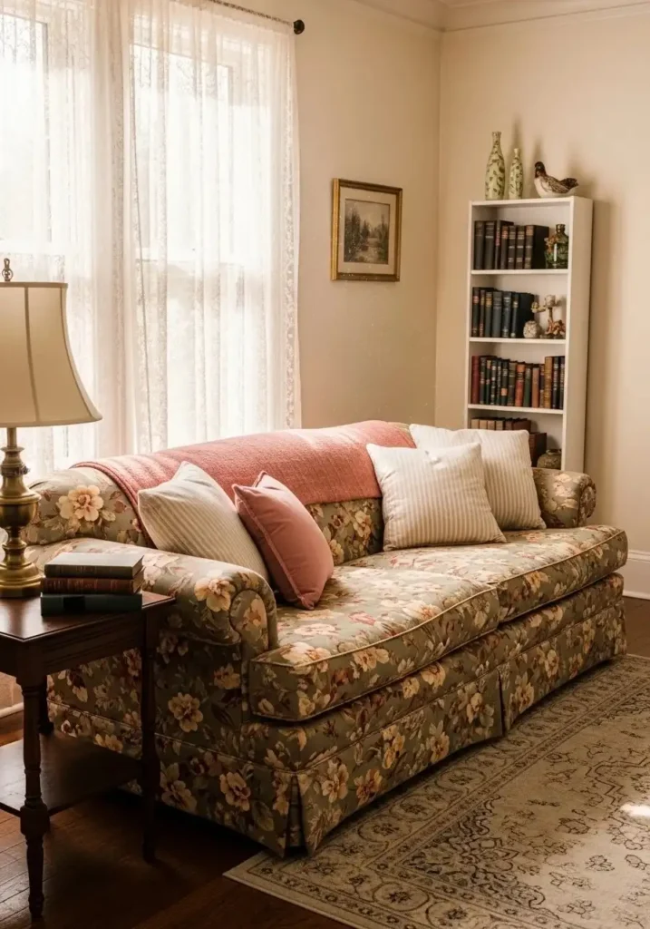 Floral upholstered sofa in a charming vintage living room