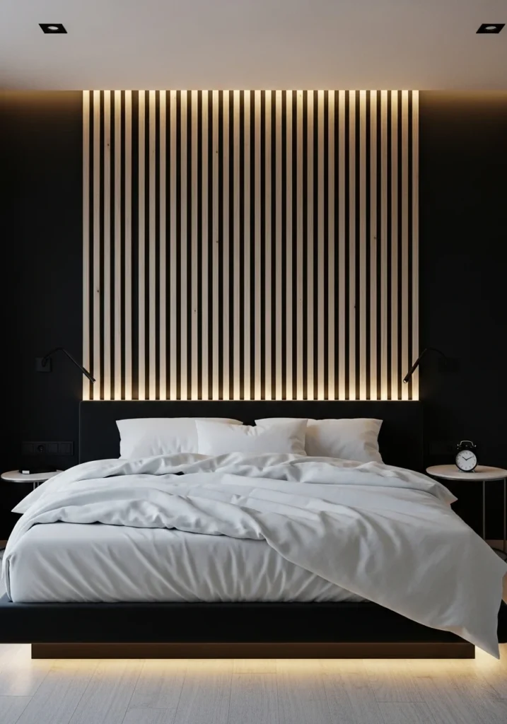 Black slats with LED lighting in bedroom.