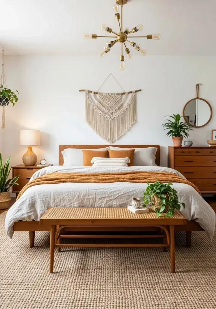 mid century bedroom with natural materials and textures