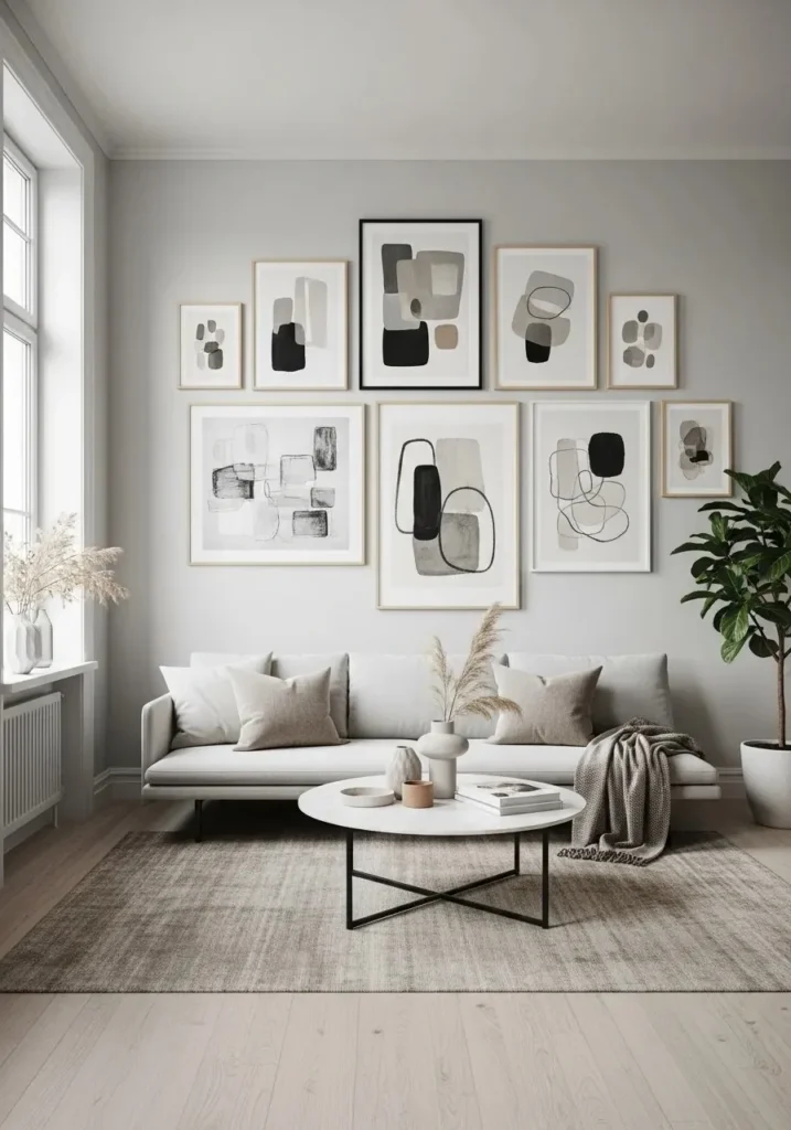 Gallery wall with neutral artwork in gray and beige living room