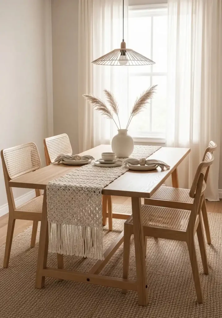 Boho dining table with textured runner adding warmth and detail