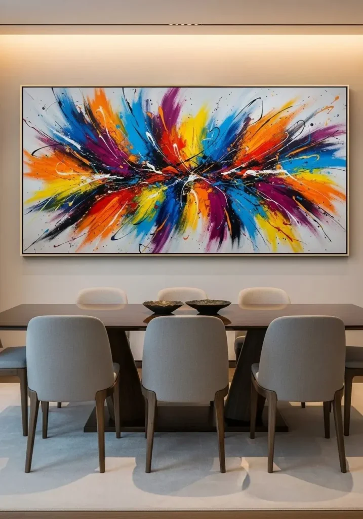Abstract colorful artwork energizes a modern dining room without painting the walls.