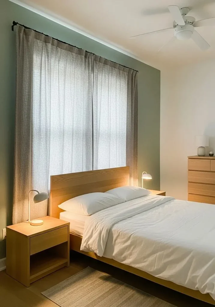Bedroom with soft sage green accent wall, white bedding, and light wood furniture creating a calm and airy atmosphere