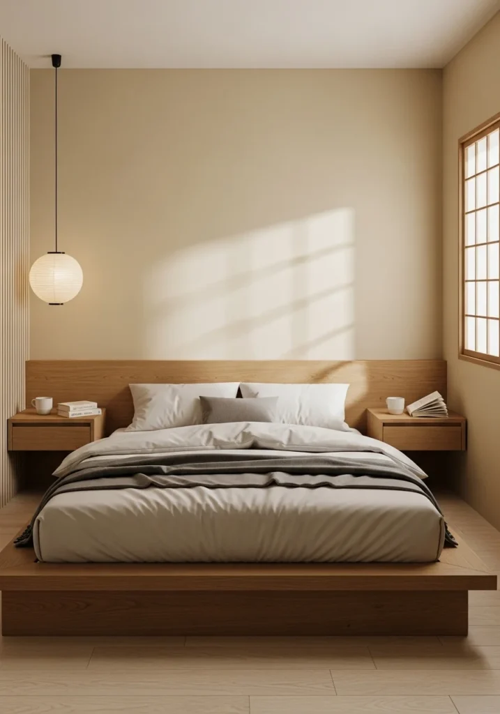 Low-profile nightstands in a minimalist Japanese bedroom