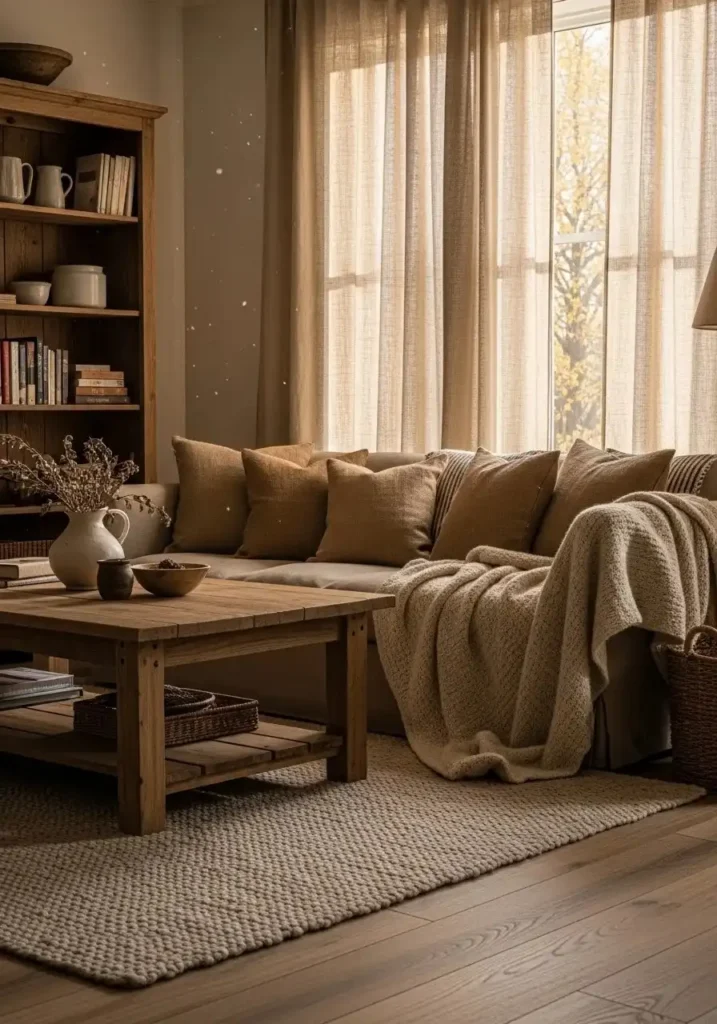 Natural fabrics like linen and wool in a rustic western living room.