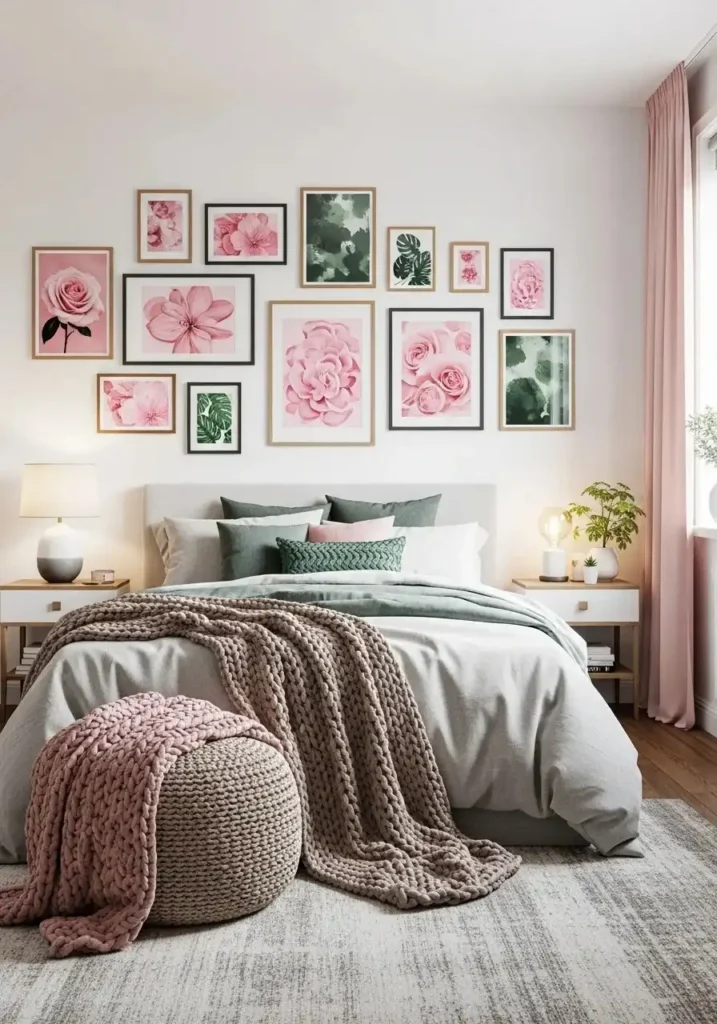 pink and green gallery wall bedroom inspiration