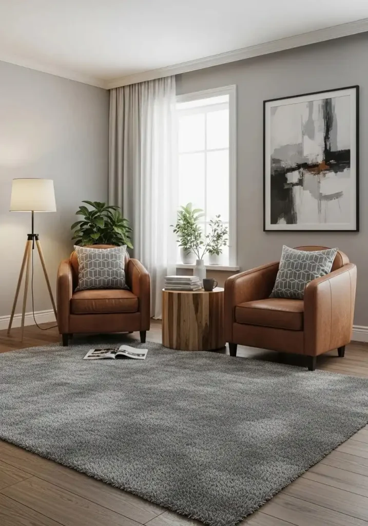 Brown accent chairs add warmth and style to a gray living room while creating a cozy corner.