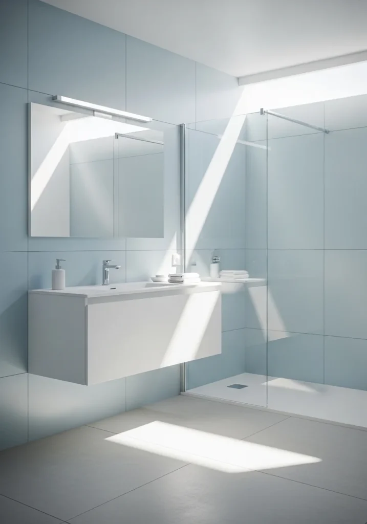 Minimal and airy light blue bathroom.