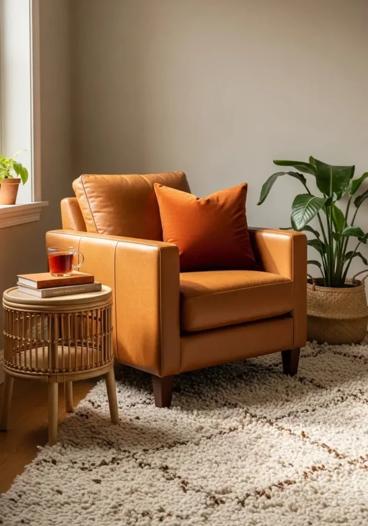 Leather chair paired with soft textures in 70s living room.