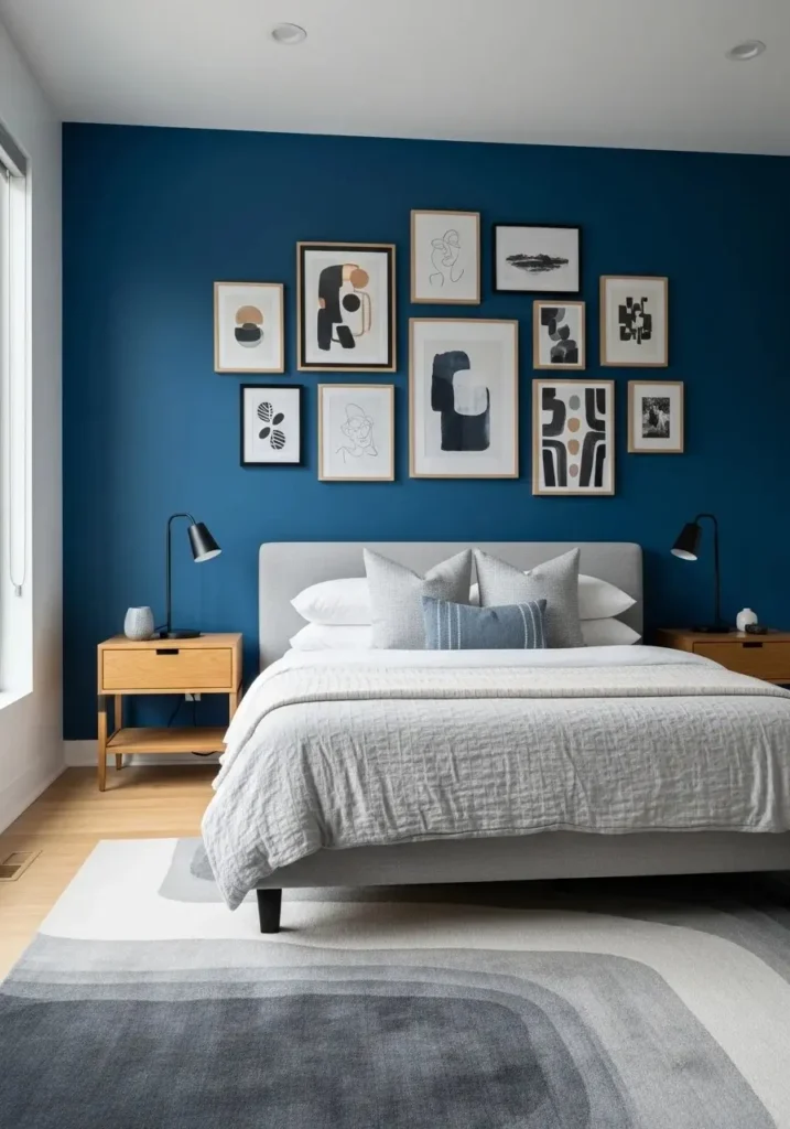 Blue accent wall used as a backdrop for artwork creating a stylish gallery effect in bedroom