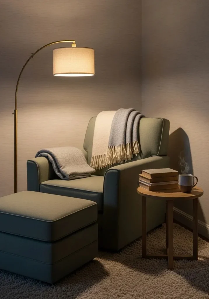 Cozy office reading nook with armchair, ottoman, floor lamp, and side table for relaxation and inspiration.