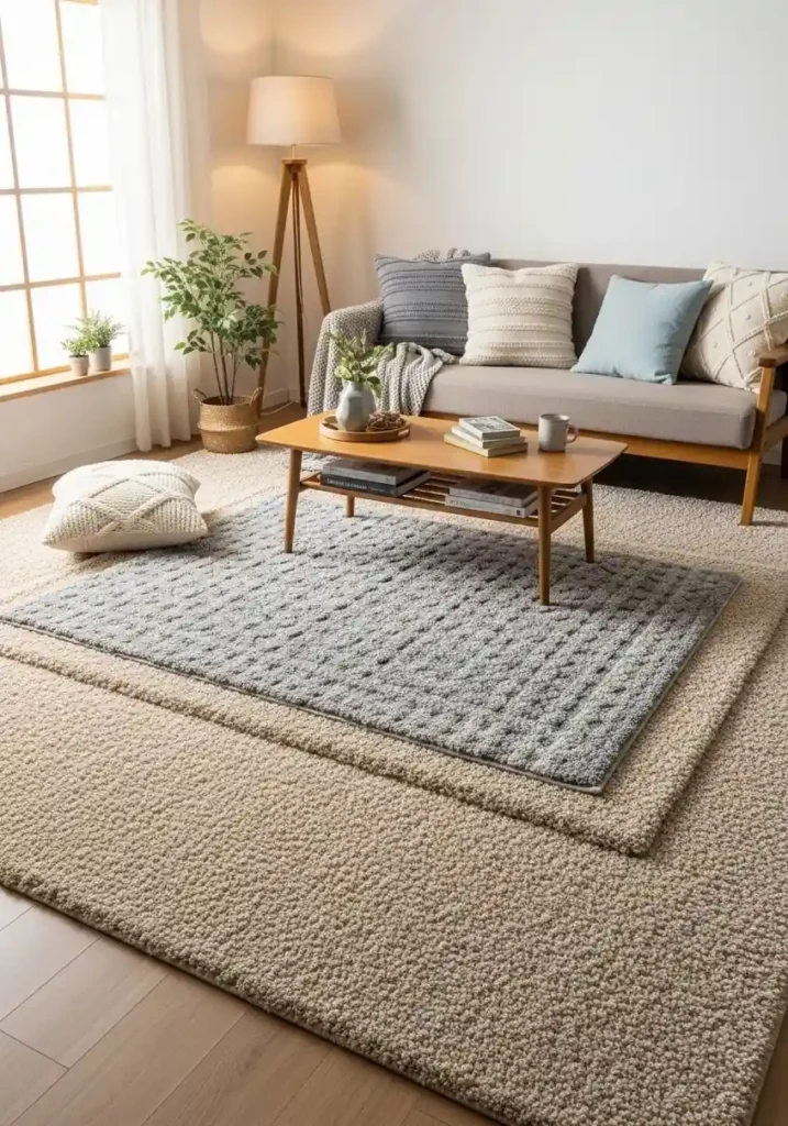 Layered rugs in gray and beige creating a cozy living room feel