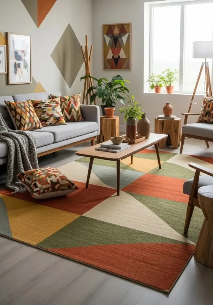 Retro geometric patterns in a 70s living room.